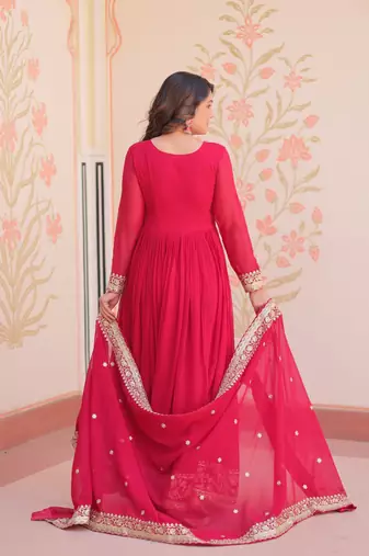 Faux Blooming Sequins Embroidered Stitched Gown with Dupatta     Pink | 56" Length