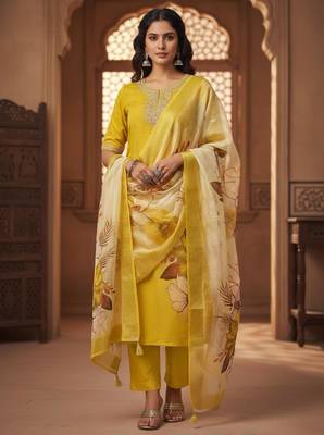 Yellow coding sequence embroidered kurta with trouser & dupatta 1