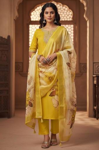 Yellow coding sequence embroidered kurta with trouser & dupatta