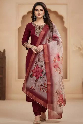 Maroon coding sequence embroidered kurta with trouser & dupatta