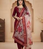 Maroon coding sequence embroidered kurta with trouser & dupatta