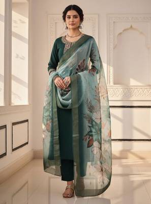 Green coding sequence embroidered kurta with trouser & dupatta 1