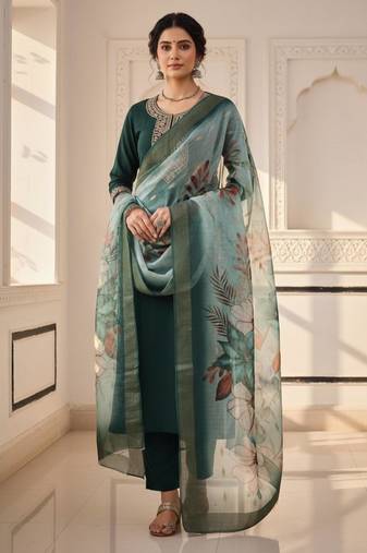Green coding sequence embroidered kurta with trouser & dupatta