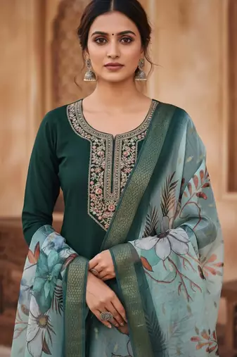 Green coding sequence embroidered kurta with trouser & dupatta