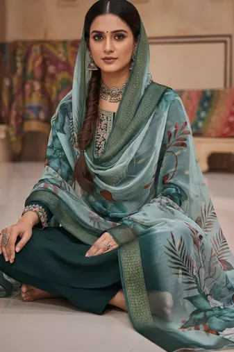 Green coding sequence embroidered kurta with trouser & dupatta