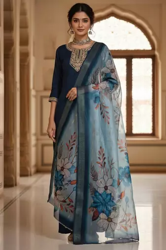 Navy blue coding sequence embroidered kurta with trouser & dupatta