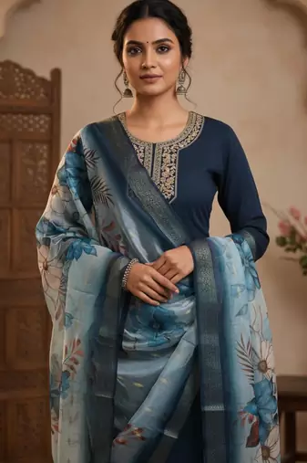 Navy blue coding sequence embroidered kurta with trouser & dupatta
