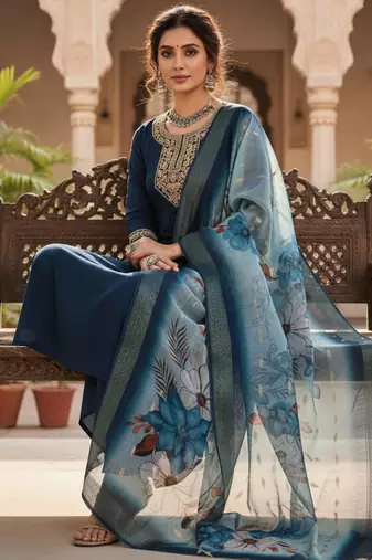 Navy blue coding sequence embroidered kurta with trouser & dupatta
