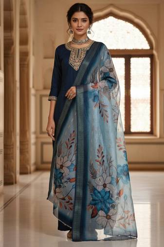 Navy blue coding sequence embroidered kurta with trouser & dupatta