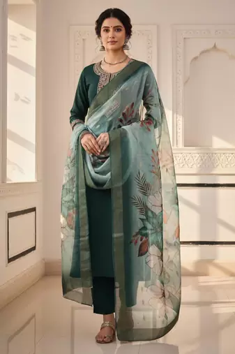 Green coding sequence embroidered kurta with trouser & dupatta