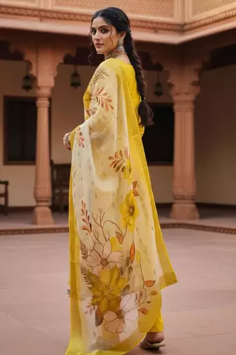 Yellow coding sequence embroidered kurta with trouser & dupatta