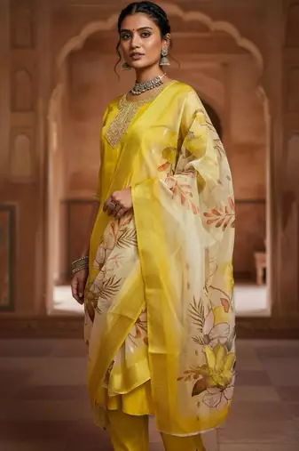 Yellow coding sequence embroidered kurta with trouser & dupatta