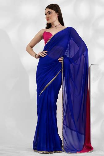Blue and pink colourblock georgette designer saree with blouse