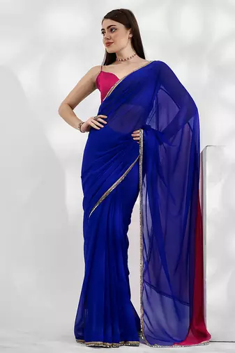 Blue and pink colourblock georgette designer saree with blouse