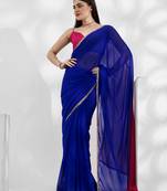 Blue and pink colourblock georgette designer saree with blouse