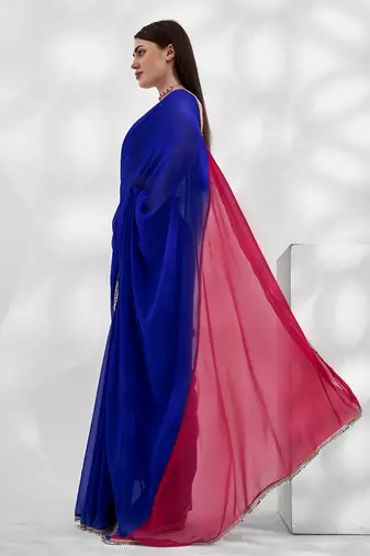 Blue and pink colourblock georgette designer saree with blouse