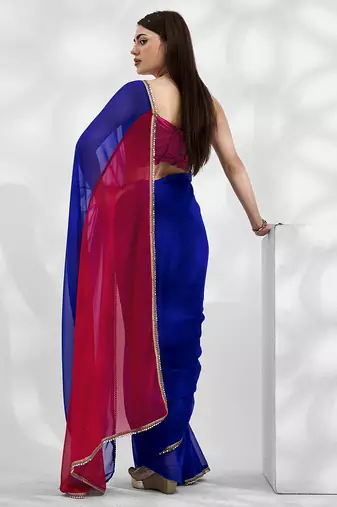 Blue and pink colourblock georgette designer saree with blouse