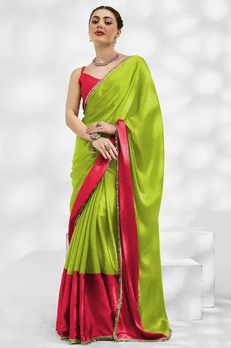 Green and pink colourblock georgette designer saree with blouse