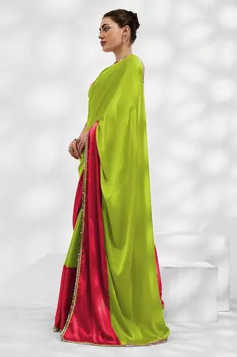 Green and pink colourblock georgette designer saree with blouse