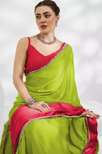 Green and pink colourblock georgette designer saree with blouse