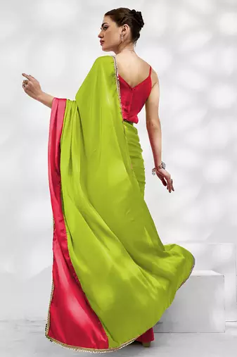 Green and pink colourblock georgette designer saree with blouse