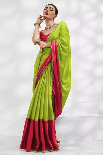 Green and pink colourblock georgette designer saree with blouse
