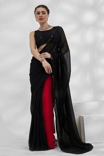 Black and red colourblock georgette designer saree with blouse