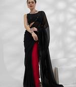 Black and red colourblock georgette designer saree with blouse