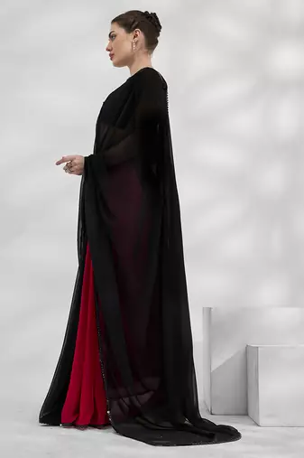 Black and red colourblock georgette designer saree with blouse