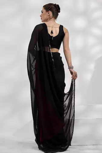 Black and red colourblock georgette designer saree with blouse