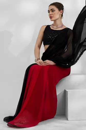Black and red colourblock georgette designer saree with blouse