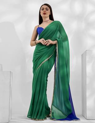 Green and blue colourblock georgette designer saree with blouse 1