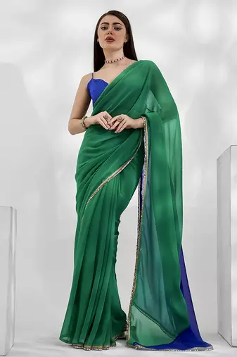 Green and blue colourblock georgette designer saree with blouse