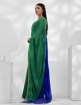 Green and blue colourblock georgette designer saree with blouse 2