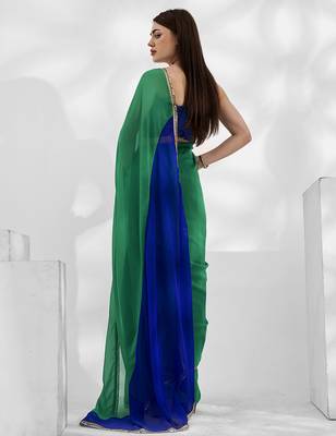Green and blue colourblock georgette designer saree with blouse 3