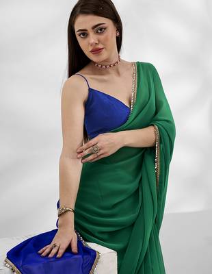 Green and blue colourblock georgette designer saree with blouse 4