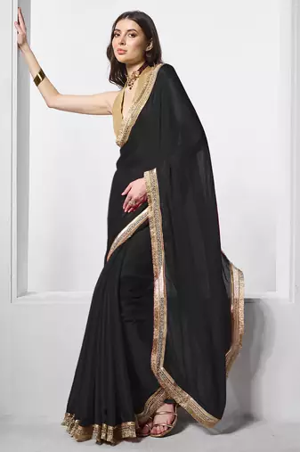 Black designer chiffon saree with blouse