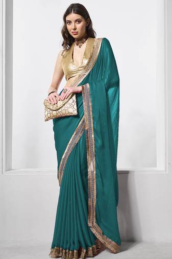 Teal designer chiffon saree with blouse