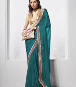 Teal designer chiffon saree with blouse