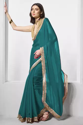 Teal designer chiffon saree with blouse