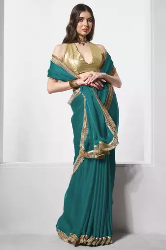Teal designer chiffon saree with blouse