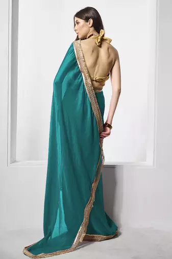 Teal designer chiffon saree with blouse