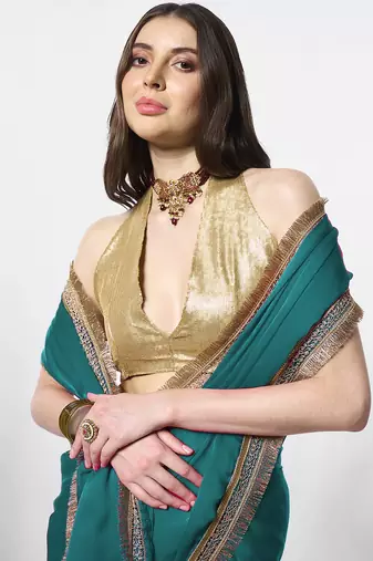 Teal designer chiffon saree with blouse
