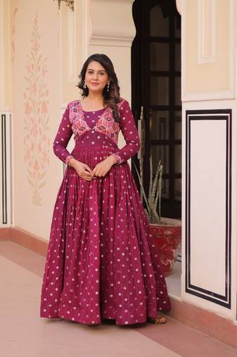 Staple Jacquard Printed & Embroidered Stitched Gown with Dupatta     Wine | 56" Length