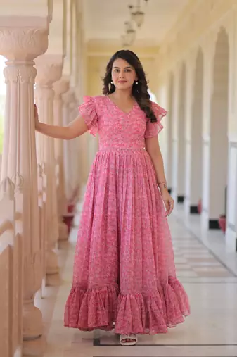 Faux Georgette Printed Stitched Gown with Dupatta     Pink | 56" Length