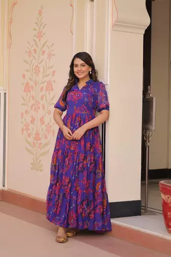 Faux Georgette Printed Stitched Gown with Dupatta     Blue | 56" Length