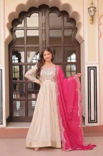 Cosmos Weaving Embroidered Stitched Gown with Dupatta     Pink | 56" Length