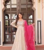 Cosmos Weaving Embroidered Stitched Gown with Dupatta     Pink | 56" Length