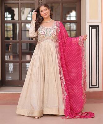 Cosmos Weaving Embroidered Stitched Gown with Dupatta     Pink | 56" Length 2