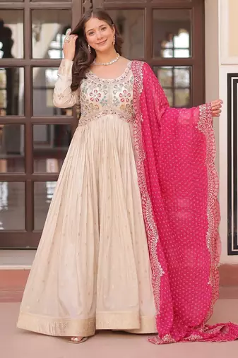 Cosmos Weaving Embroidered Stitched Gown with Dupatta     Pink | 56" Length